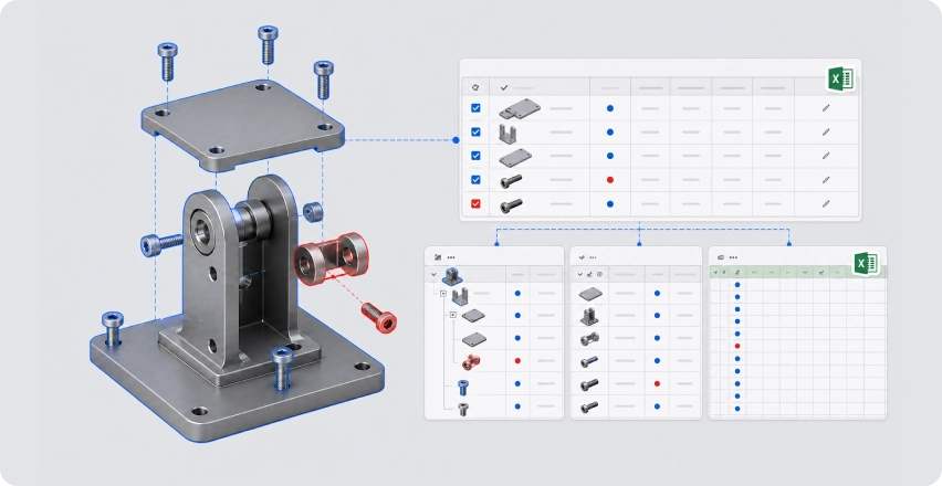 Exploded assembly next to a BOM spreadsheet table