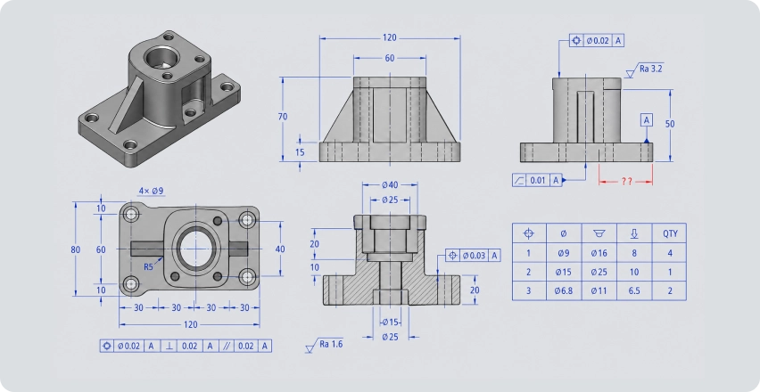 Machined part with three-view drawing and dimension table