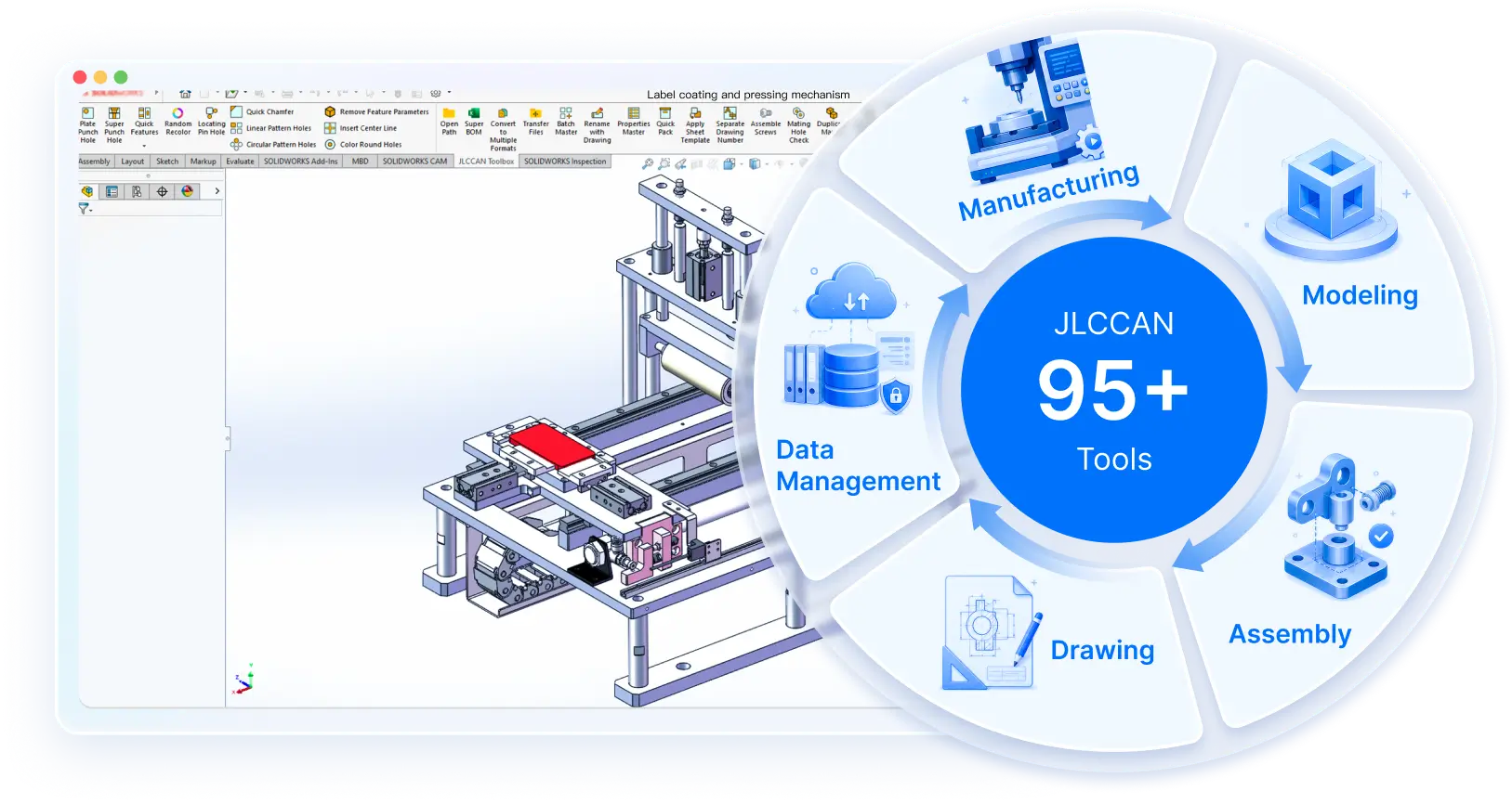 JLCCAN 95+ tools wheel beside a SOLIDWORKS machine assembly