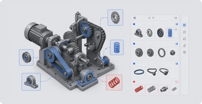 Gearbox assembly next to a library panel of standard parts