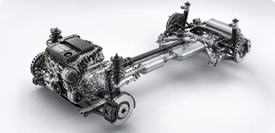 Automotive chassis and drivetrain render