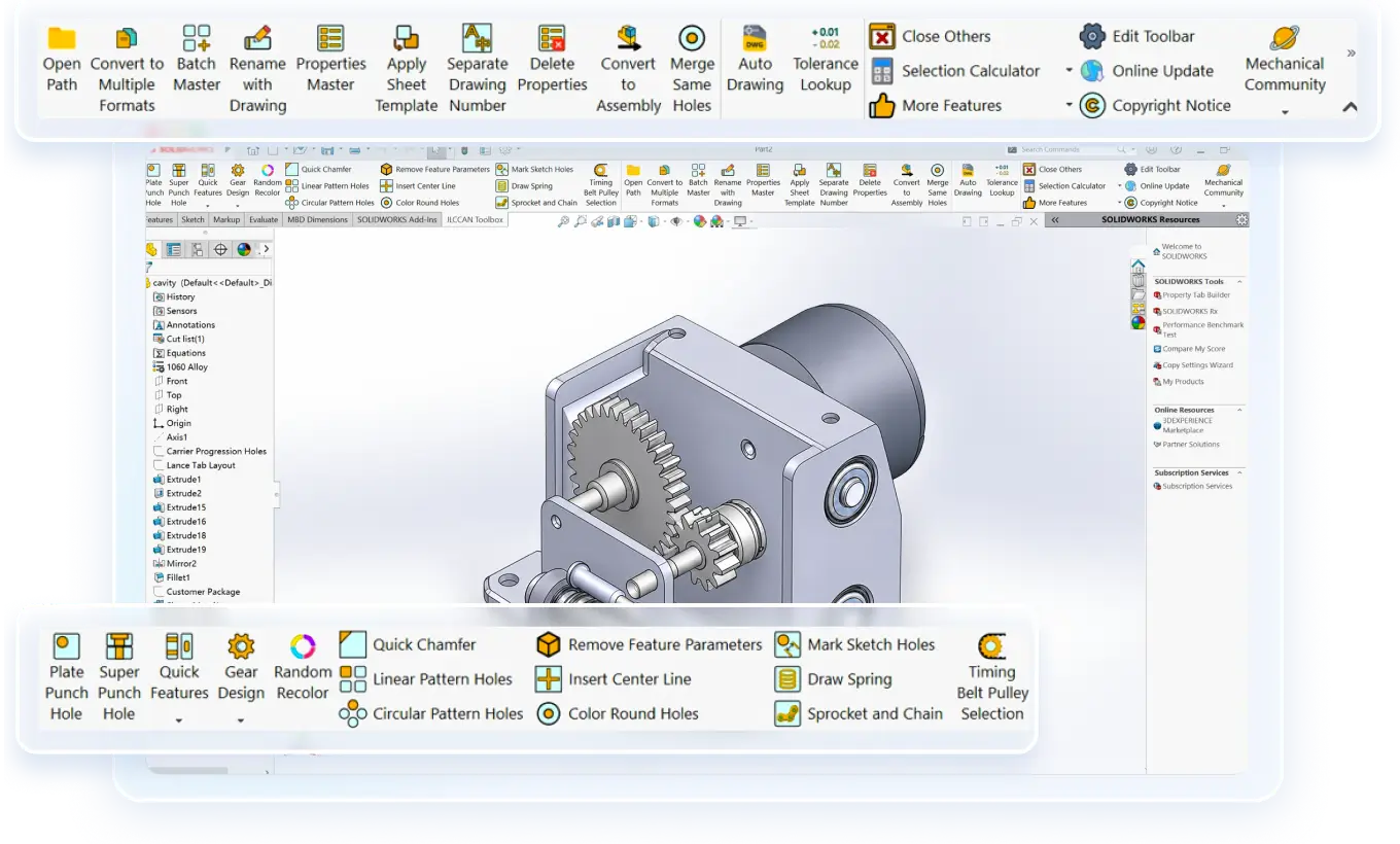 JLCCAN toolbar above a gear reducer model