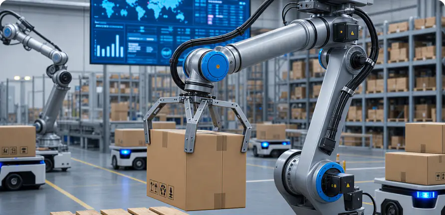 Warehouse robotic arm sorting boxes